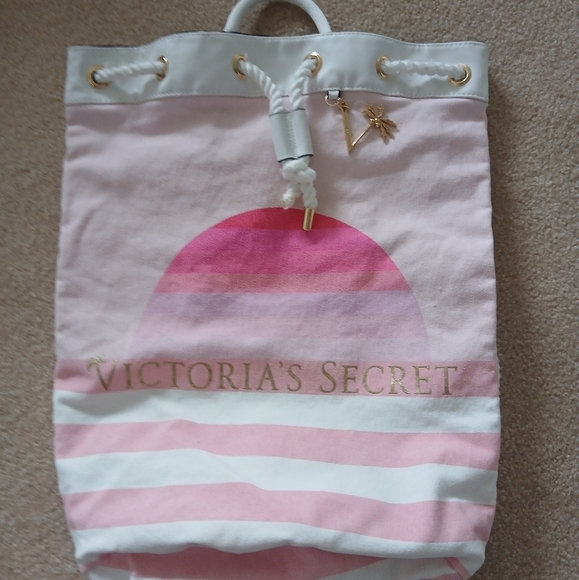 Victoria Secret Pink Striped Cinch Drawstring Tote Backpack - Picture 1 of 8